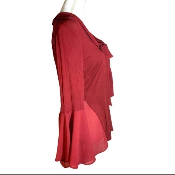 August Silk Red Super Soft Tie Neckline Blouse Women's Large L Bell Sleeve Boho - Picture 2 of 9